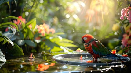 Scarlet Macaw Parrot Perched on Birdbath in Lush Tropical Garden. Concept of Exotic Birds, Nature, Wildlife, Tropical Environment
