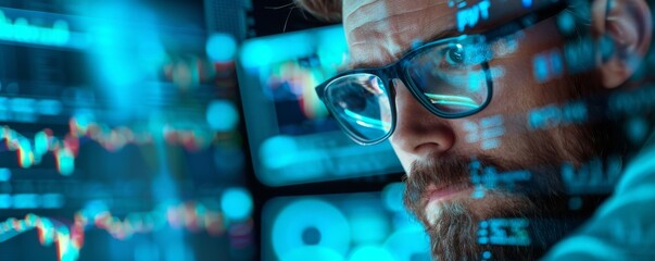 Focused Man with Glasses  Looking at a Blue Screen