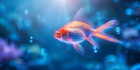 Lowpolygon futuristic fish swimming in oceanarium against dark blue backdrop symbolizes marine science. Concept Marine Science, Lowpolygon Art, Futuristic Fish, Oceanarium, Dark Blue Backdrop