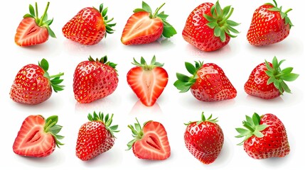 Aufkleber - A collection of sixteen fresh red strawberries isolated on a white background, including whole strawberries, half-cut strawberries, and a variety of angles. Generative AI