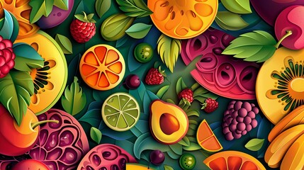Leinwandbilder - A colorful illustration featuring a variety of fruits, including oranges, limes, kiwi, and berries, surrounded by green leaves. Generative AI