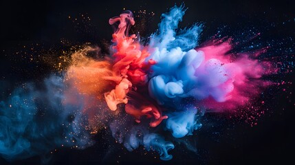 Colored powder explosion on black background. Bright color clouds. Splash of color paint, water or smoke on dark background.	