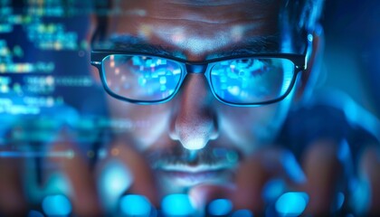 Close Up of Man's Face Reflected in Glasses with Blue Light