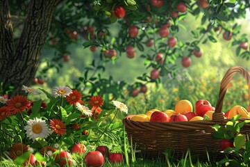 Aufkleber - A basket filled with ripe apples and peaches sits beneath an apple tree in a summer orchard. Generative AI