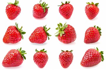 Aufkleber - A collection of twelve ripe red strawberries isolated on a white background. The strawberries are arranged in a grid pattern, with each strawberry facing a different direction. Generative AI