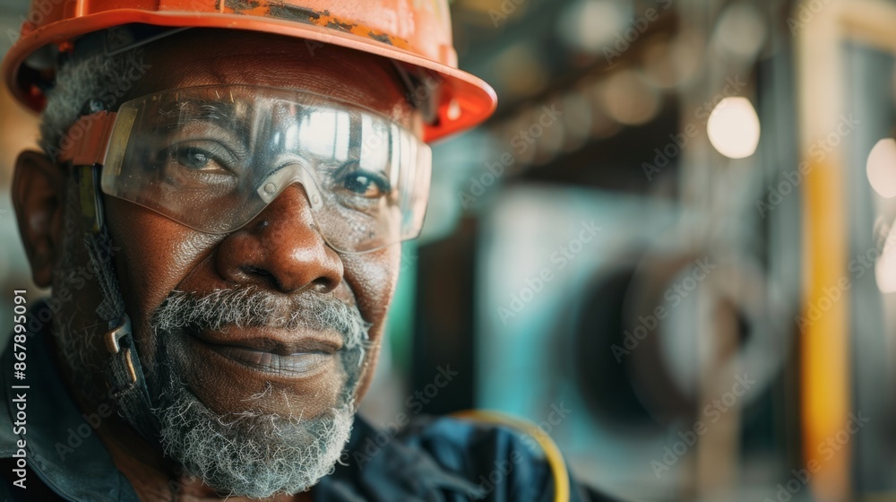 African American senior male industrial worker wearing safety gear in a factory. Concepts of elderly laborer, manufacturing, industry, occupational safety