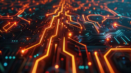 Wall Mural - Futuristic circuit board pattern with glowing connections and pathways.