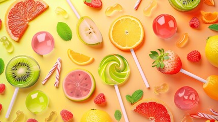 Poster - A flat lay showcasing a variety of fresh fruits and candy lollipops on a yellow background. Generative AI
