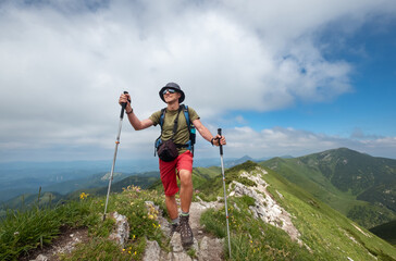 Wall Mural - hiker with trekking poles, backpack navigates rocky mountain trail on sunny day scenic background fe