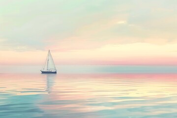 Sticker - A tranquil coastal scene with a lone sailboat on the horizon, the sea a mirror of the pastel sky