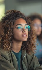 Poster - Portrait of a young woman with curly hair wearing glasses looking away. AI.