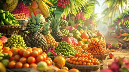 Aufkleber - A vibrant display of tropical fruits at a market stall, showcasing pineapples, oranges, mangoes, and other exotic produce. Generative AI
