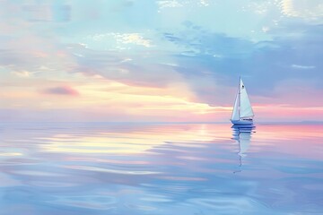 Wall Mural - A tranquil coastal scene with a lone sailboat on the horizon, the sea a mirror of the pastel sky