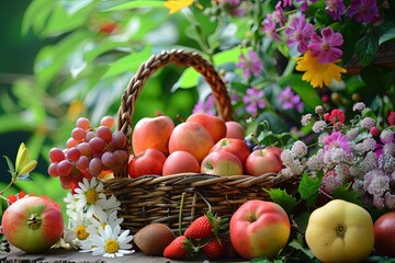Aufkleber - A wicker basket overflowing with ripe apples, grapes, and strawberries, surrounded by blooming flowers in a summer garden. Generative AI