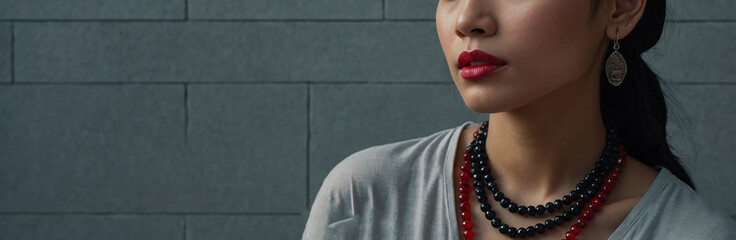 Wall Mural - A woman wearing a necklace with black and red beads