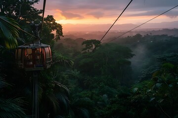Sticker - A twilight canopy tour above a lush jungle, the fading light filtering through the dense treetops