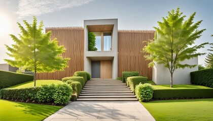 Wall Mural - Contemporary sustainable house facade with concrete stairs and landscaped entry path, wooden slats details, and lush greenery in bright daylight