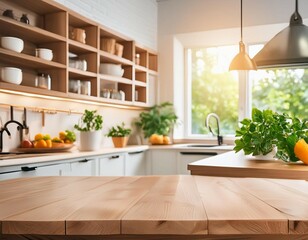 Copy space of luxury table top counter on blur kitchen abstract background. Food and product presentation. Generative Ai