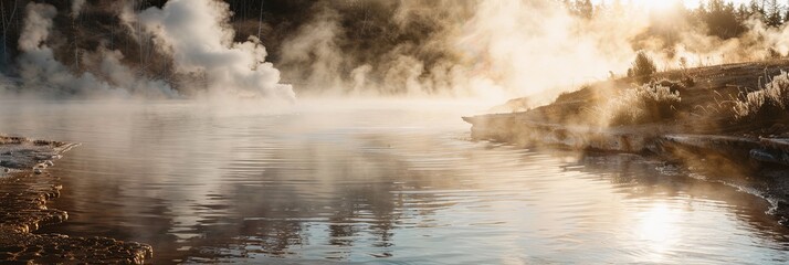 Poster - A serene view of a thermal pool in Yellowstone National Park, with steam rising from the water and creating a mystical atmosphere. Generative AI