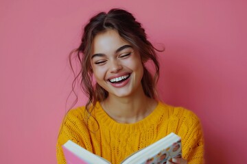 Wall Mural - Smiling Young Woman in Yellow Sweater Reading a Book