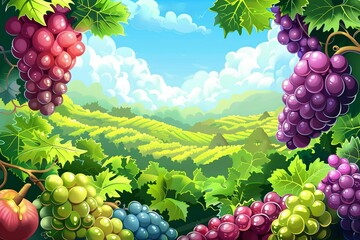 Aufkleber - A scenic illustration of a valley with vineyards and grapevines bursting with colorful grapes. Generative AI