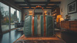 © Luluraschi - a vintage high-end luxury leather suitcase in a chic hotel lounge, green and brown colors