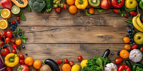 Wide collage of fresh fruits and vegetables for layout isolated on Wood background. Copy space. Generative ai