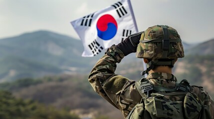 A soldier in camouflage uniform salutes the South Korean flag while standing on a hill overlooking a mountainous landscape.