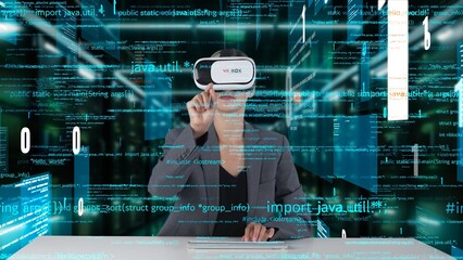 IT developer typing computer code for analyzing intelligent website development coder system data selection by VR innovation interface digital network technology visual hologram server. Contraption.