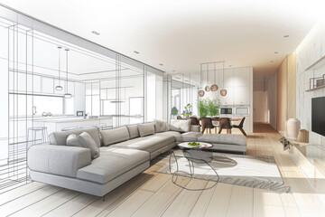 Modern open concept living and dining space blending design sketches with interior decor, featuring a cozy sofa and sleek furniture.