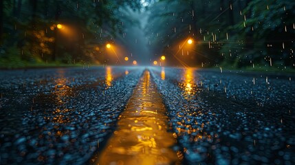 Canvas Print - AI illust stunning sunset over a wet road with autumn leaves and trees in the background