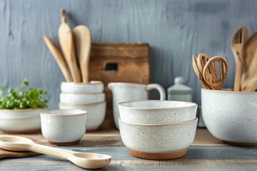 Aufkleber - A collection of white ceramic bowls and wooden utensils arranged on a rustic wooden tabletop, creating a warm and inviting kitchen setting. Generative AI