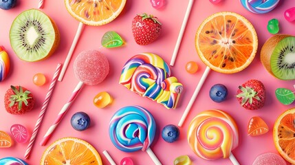 Aufkleber - Close-up shot of colorful lollipops, fresh fruit, and candy on a pink background. Generative AI