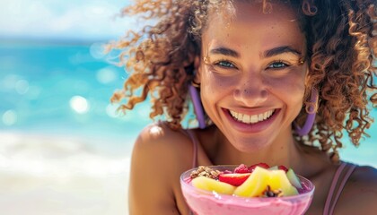 Poster - A young woman smiles while having a healthy smoothie bowl on a beach, representing a refreshing summer lifestyle AIG58