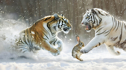 Wall Mural - white tiger chasing wild rabbit at high speed through snowy wilderness landscape