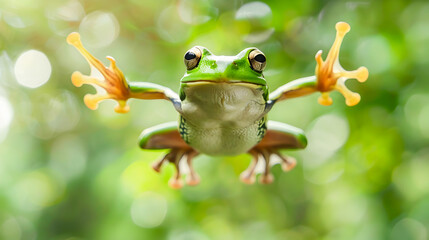 Wall Mural - Vibrant Green Tree Frog Leaping Through the Air in Lush Tropical Forest Environment Showcasing the Unique Adaptations and Behaviors of This Fascinating Amphibian Species