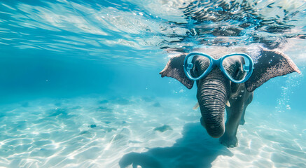 Whimsical Underwater Elephant Adventure with Snorkeling Gear   Playful elephant swimming underwater with snorkeling mask exploring the vibrant blue ocean creating a unique and captivating scene