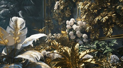 Wall Mural - Luxurious Baroque and Rococo jungle with gold and white flora