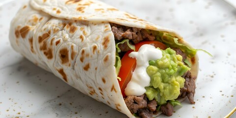 Canvas Print - Mexican Burrito Loaded with Beef, Cheese, Tomato, Lettuce, Sour Cream, and Guacamole on a White Tortilla. Concept Mexican Cuisine, Beef Burrito, Fresh Ingredients, Guacamole, Sour Cream