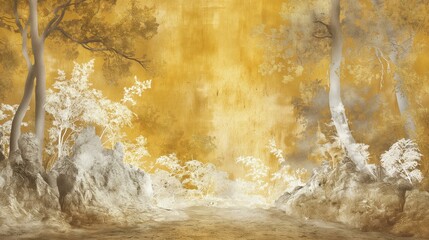 Wall Mural - Ornate Rococo forest in gold and white tones