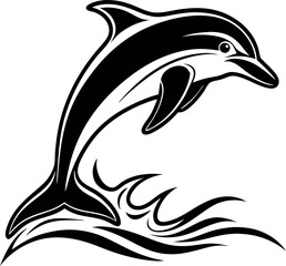 Stylized black and white dolphin jumping out of waves illustration