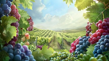 Aufkleber - A close-up image of ripe grapes hanging from vines in a vineyard, with the rows of grapevines extending into the distance. Generative AI