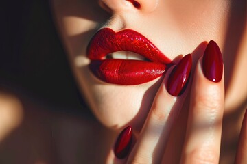 Closeup of beautiful woman lips. Classic face makeup with red lipstick. Fashion and cosmetic concept. Sensual and beauty. Mouth is open