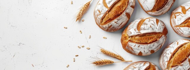 Delicious artisan bread loaves, freshly baked, displayed with wheat stalks on a rustic white background