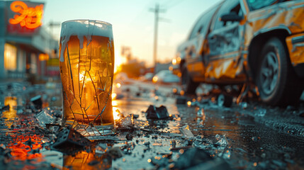 Wall Mural - DUI concept. Image of a drunk driving accident with a big glass of beer
