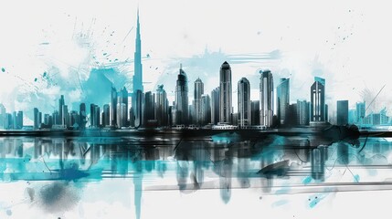 Wall Mural - abstract skyline wallpaper black and white shapes with cyan color accents and dramatic contrasts background