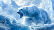 © Like Animals - Majestic polar bear roaring with open mouth and bared teeth in a frozen arctic landscape surrounded by snow ice and icebergs  This powerful and dangerous predator is the apex of the Arctic ecosystem