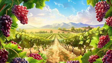 Aufkleber - A scenic vineyard with rows of grapevines stretching towards distant mountains under a bright blue sky. Generative AI