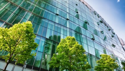 Wall Mural - Exemplifying the ESG - Environmental, Social, Governance concept, a corporate glass building facade reflects green trees. Importance of integrating sustainability into business practice