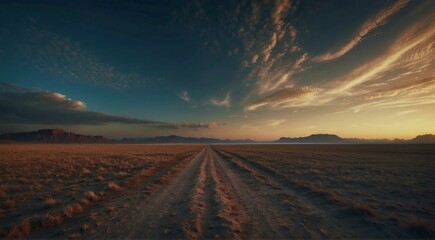 Wall Mural - A dirt road winds through a vast, arid landscape as the sun sets in the distance. AI.